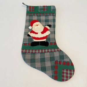 Vtg 2001 Prima Creations Santa Claus Patchwork Plaid Christmas Stocking Green
